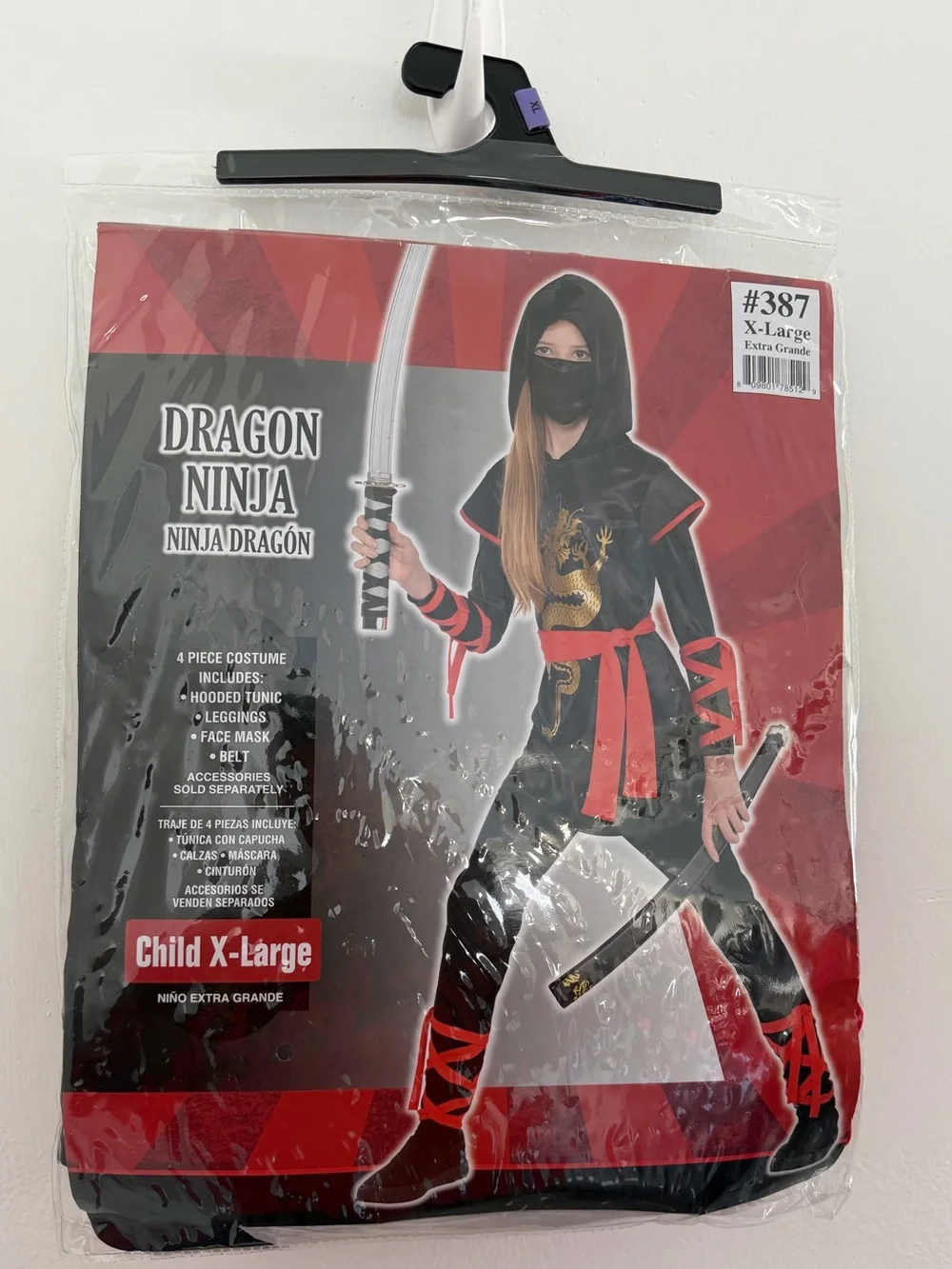 Black & Red Dragon Ninja Kids Costume with Hood and Mask Child X-Large